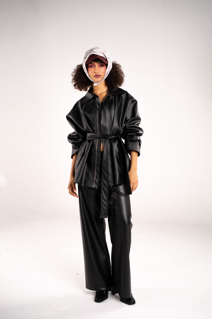 Faux Leather Belted Jacket