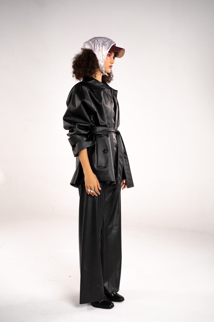 Faux Leather Belted Jacket