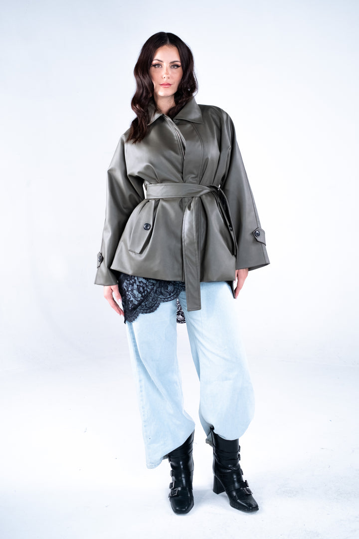 Faux Leather Belted Jacket