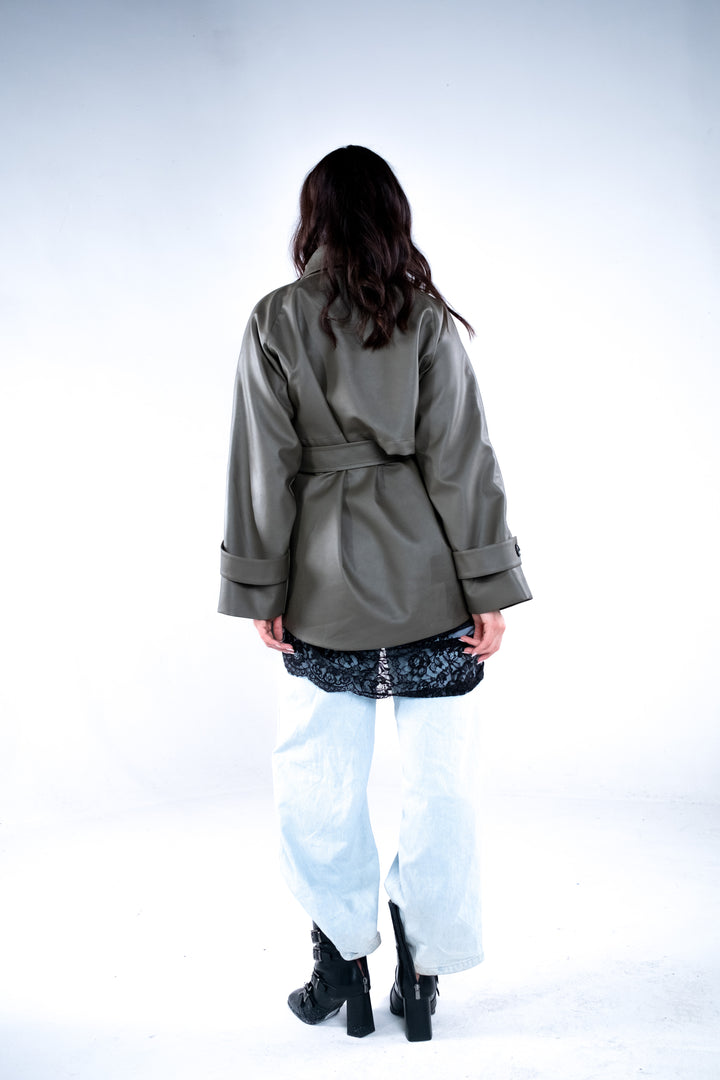 Faux Leather Belted Jacket