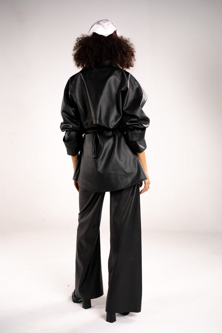 Faux Leather Belted Jacket