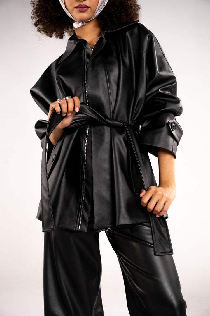 Faux Leather Belted Jacket